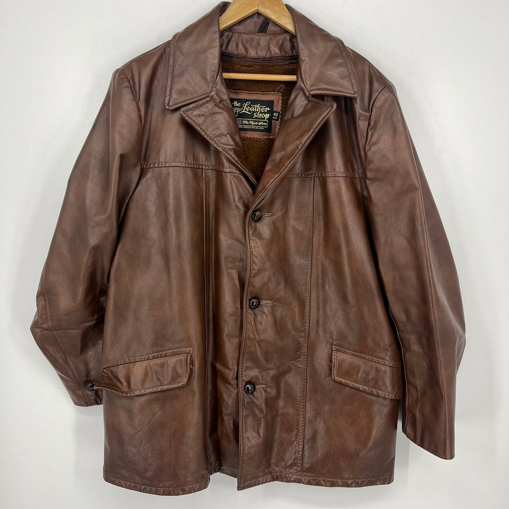 Vintage Sears The Leather Shop Mens Brown Leather Jacket Faux Fur Lined Size 42